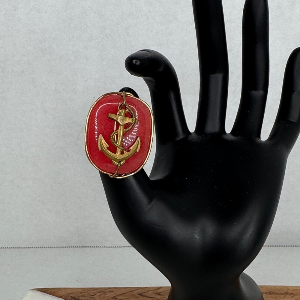 Vintage Estate Wire Brass Wrap Red Stone and Gold Anchor Ring Size 5.75 Lot D46